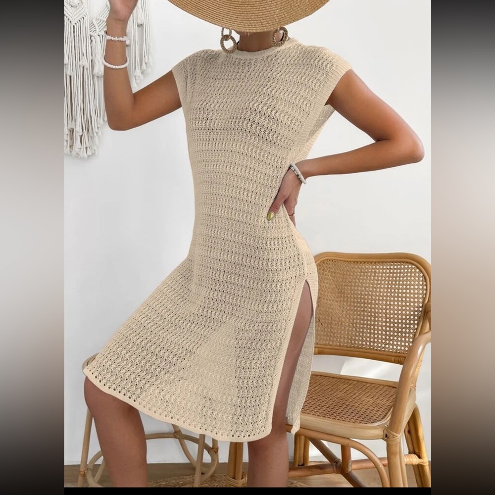 Casual Side Slit Cap Sleeve Cover-Up Dress